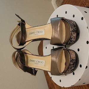 Jimmy Choo Pablo Metallic Bronze Glitter Wedge Platform Sandals